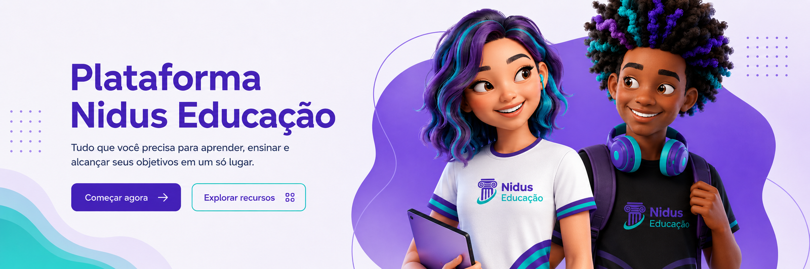 Plataforma Nidus Educação com os personagens oficiais da Nidus